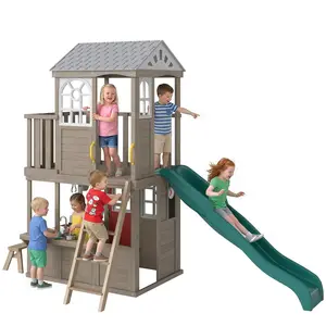Qaba Two-Story Outdoor Playhouse for Kids, Wooden Kids Playhouse with Slide, Picnic Table & Bench, Play Kitchen, Ladder, Lookout Platform for Age 2+ Backyard Play, Brown