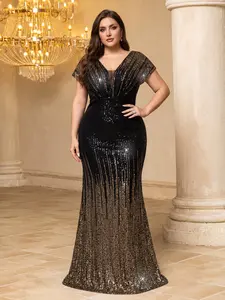 Elegant Evening Gown with V-Neck Batwing Sleeves, Glittering Sequins, Gradient Patchwork, Perfect for Formal Events