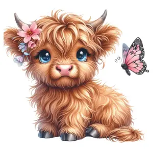 Baby Highland with Flowers and Butterfly Direct To film Print. DTF Print For T Shirts