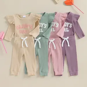 Newborn Baby Girl Outfits Daddys Girls Ruffle Long Sleeve Romper Top Pants Headband Infant Fall Winter Clothes