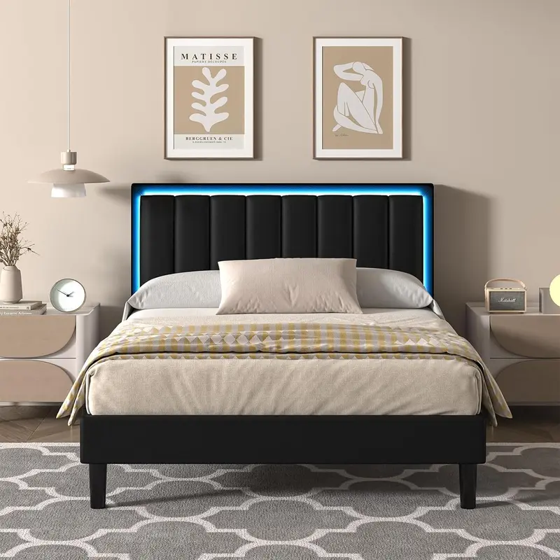 HOMBCK Queen Size Bed Frame - Faux Leather Curved Modern Headboard, Color Changing LED Lights, Wood & Metal Slats Support, Silent Noise-Free Design, All-Mattress Fit (Fits Springs, Foam, Latex), No Mattress/Box Spring Needed