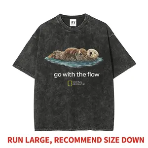 Cute Sea Otter Go With The Flow National Geographic Heavyweight Boxy Fit T-Shirt Vintage Washed Oversized Pure Cotton Graphic Tee Nature Wildlife Aesthetic