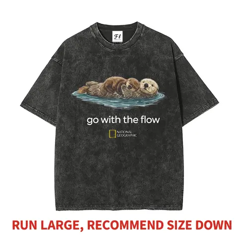 Graphic T-Shirt Vintage Washed Go With The Flow Otter National Geographicy Print Heavyweight Boxy Fit Pure Cotton for Summer Vacation Unisex S-5XL Streetwear Aesthetic Cute Animal Nature Lover Retro Vibe for Everyday Casual Wear Soft Breathable Fabric