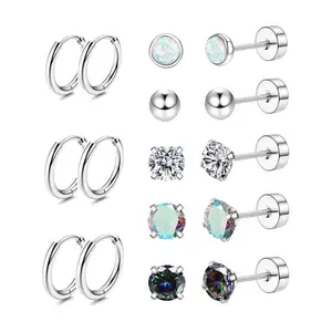 Steel Earrings for Sensitive Ears 20G Stainless Steel Stud Hoop Earrings for Women Men Small Opal Ball CZ Steel Flat Back Earrings Cartilage Earrings Hoop Stud Surgical Steel Earrings
