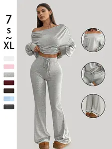 One Shoulder Long Sleeve Cropped Top and High Waist Drawstring Flared Pants, Yoga Clothes Set, Vintage Gym for Yoga and Fitness, Spring & Fall Casual Style, Yoga Outfits, Workout Casual Wear