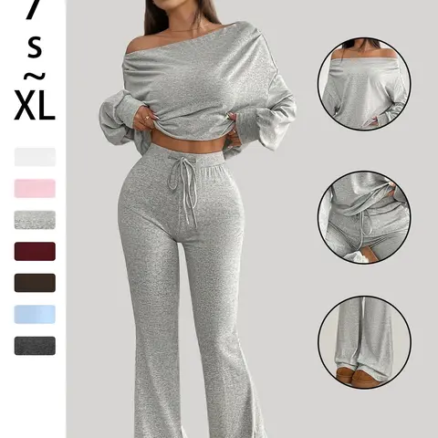 One Shoulder Long Sleeve Cropped Top and High Waist Drawstring Flared Pants, Yoga Clothes Set, Vintage Gym for Yoga and Fitness, Spring & Fall Casual Style, Yoga Outfits, Workout Casual Wear, Sports Outfits