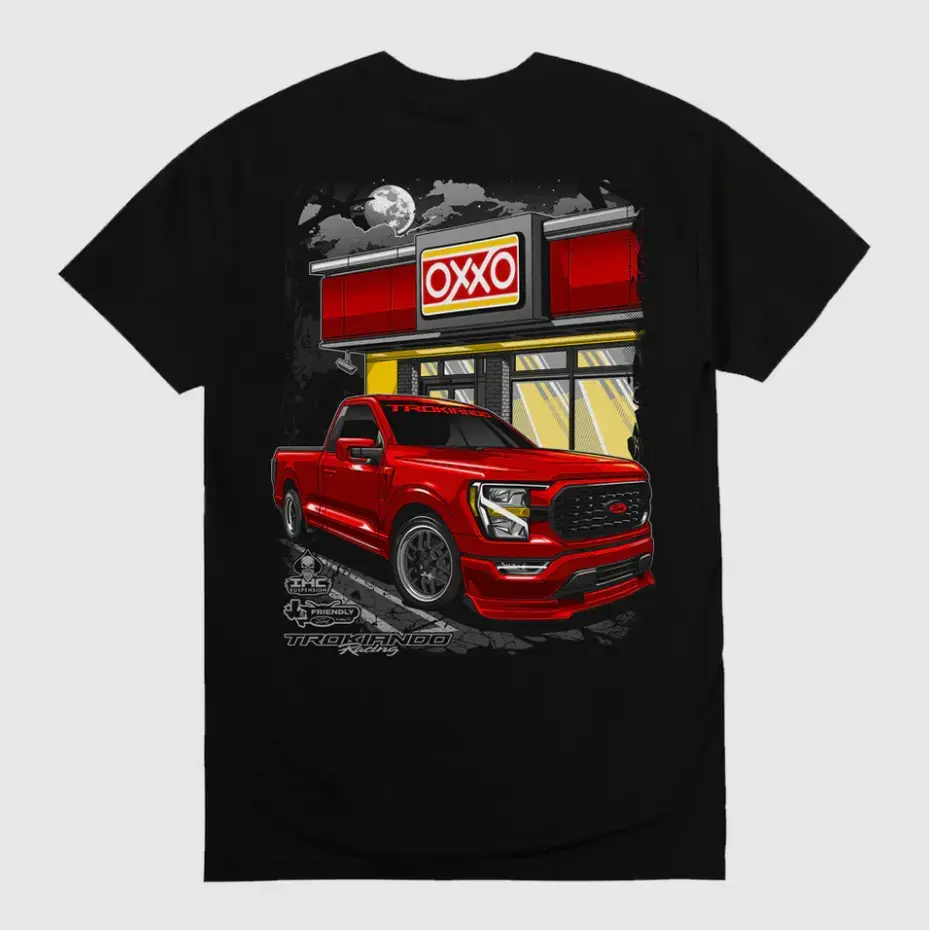 Two Sided Trokiando Red Coyote Pickup Truck OXXO Night Scene Graphic Tee Father’s Day Truck Lover Gift Soft Cotton Unisex Crewneck Short Sleeve Retro Car Culture Casual Streetwear T-Shirt S-5XL