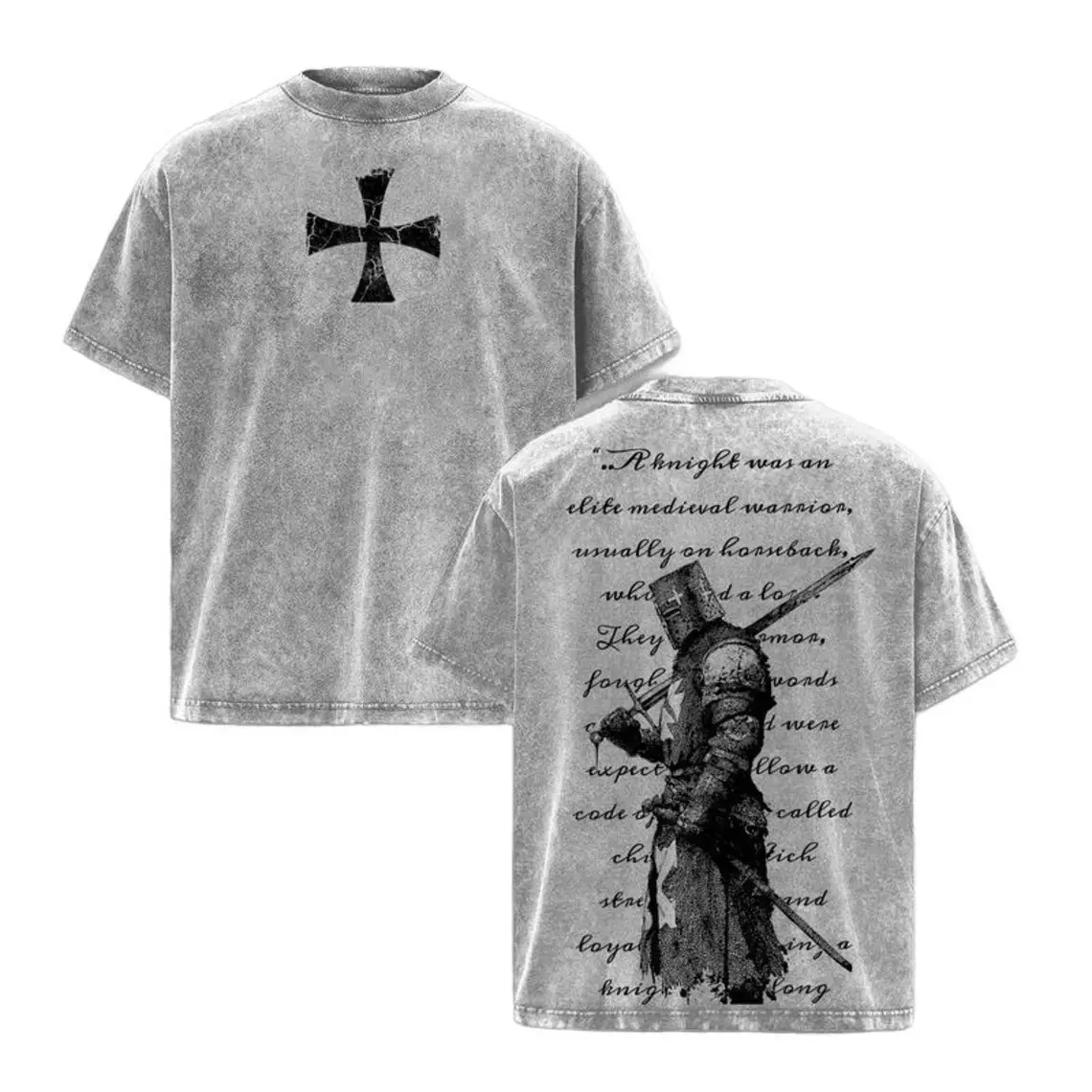 Men's Vintage Washed Medieval Knight Graphic Oversized Short-Sleeve T-Shirt - Crusader Cross Gothic Armor Back Print Unisex Top, Breathable Fabric Apparel, Gift for Him, Tshirt, Menswear, Cotton, Soft, Stylish, Classic, Ribbed