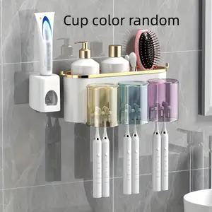 1 set Space-Saving Wall-Mounted Bathroom Organizer with Hypoallergenic Toothbrush Holder & Toothpaste Squeezer, Toothbrush Storage, Bathroom Accessory