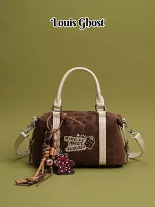 Mini Boston Bag | Cute Little Bear Embroidery Pendant Bowling Bag | Kawaii Style Artificial Leather Crossbody Bag | Designer Custom Contrast Color Stripe Handbag | Fashionable College Style | Compact Daily Shoulder Bag Suitable for Commuting and Campus