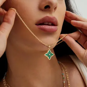 Vintage Four-Petal Clover Necklace | Adjustable Chain | Malachite/Tiger Eye/Shell/Blue Stone Options