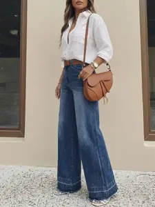 Women's Four-Season Jeans, Elegant Fitted Style, Large Pocket Design, Straight Leg, Non-Elastic Blue Denim Long Pants, All Seasons Wear, Womenswear