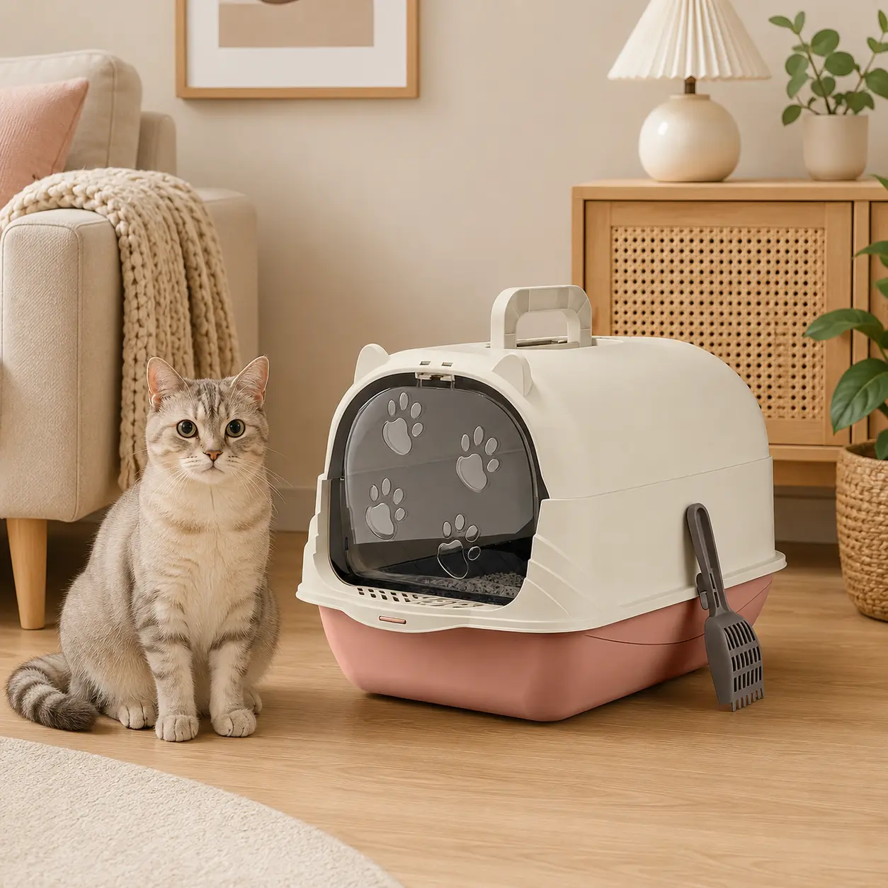 Portable Enclosed Cat Litter Box with Handle Large Capacity Easy Clean Splash Guard Design for Home and Travel