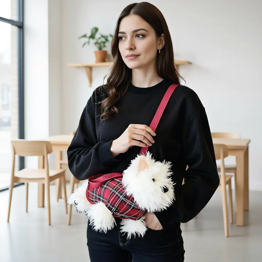 Fuzzy Dog Plush Purse Red Plaid Crossbody Bag, Ideal for Mother's Day Gift Basket & Teacher Appreciation 2026, Kawaii Soft Puppy Bag for Daily Casual Fashion