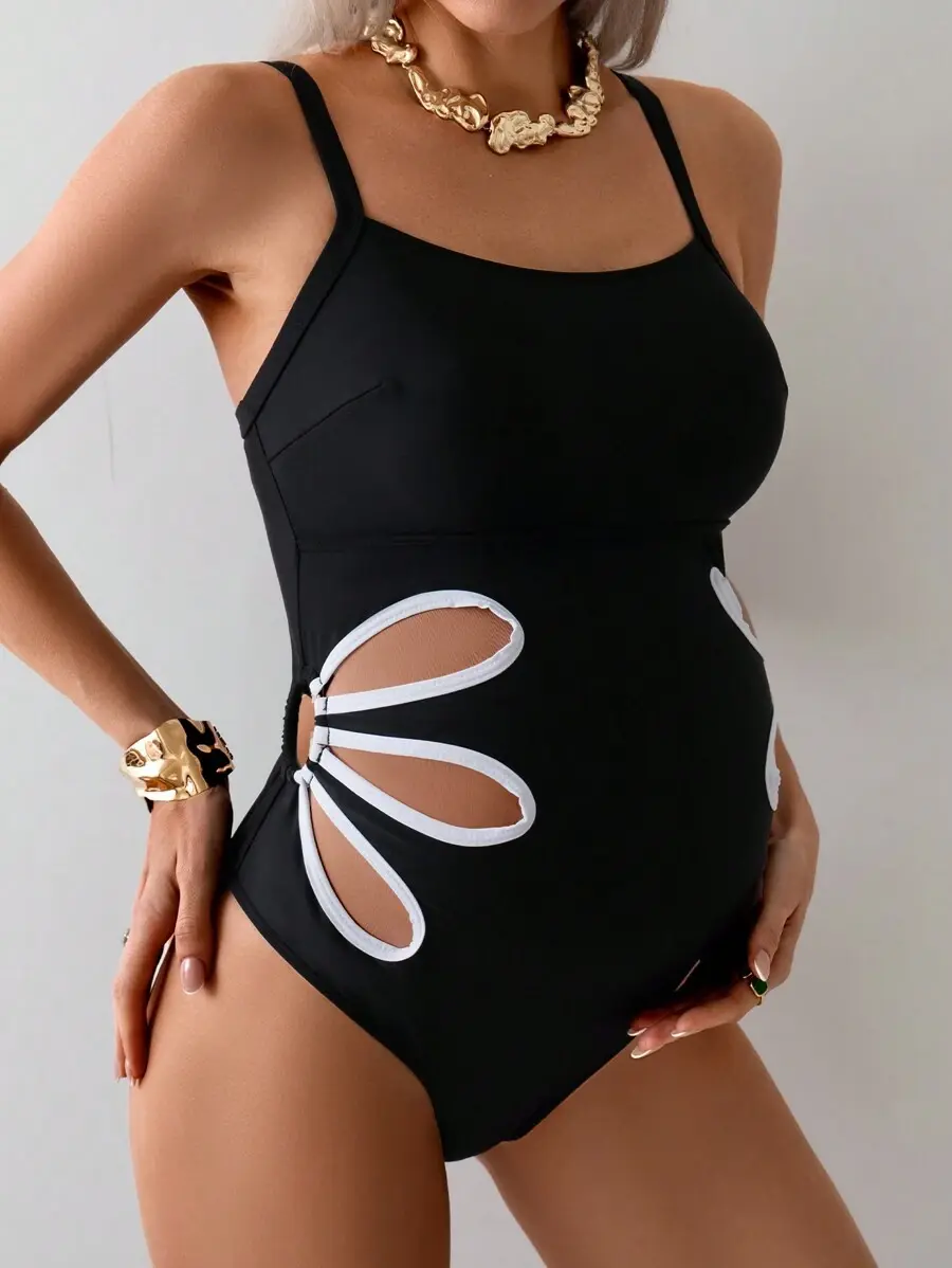 SAMT Maternity Skinny Straps Hollow Out Minimalist One Piece Swimsuit, Casual Everyday Wear Summer