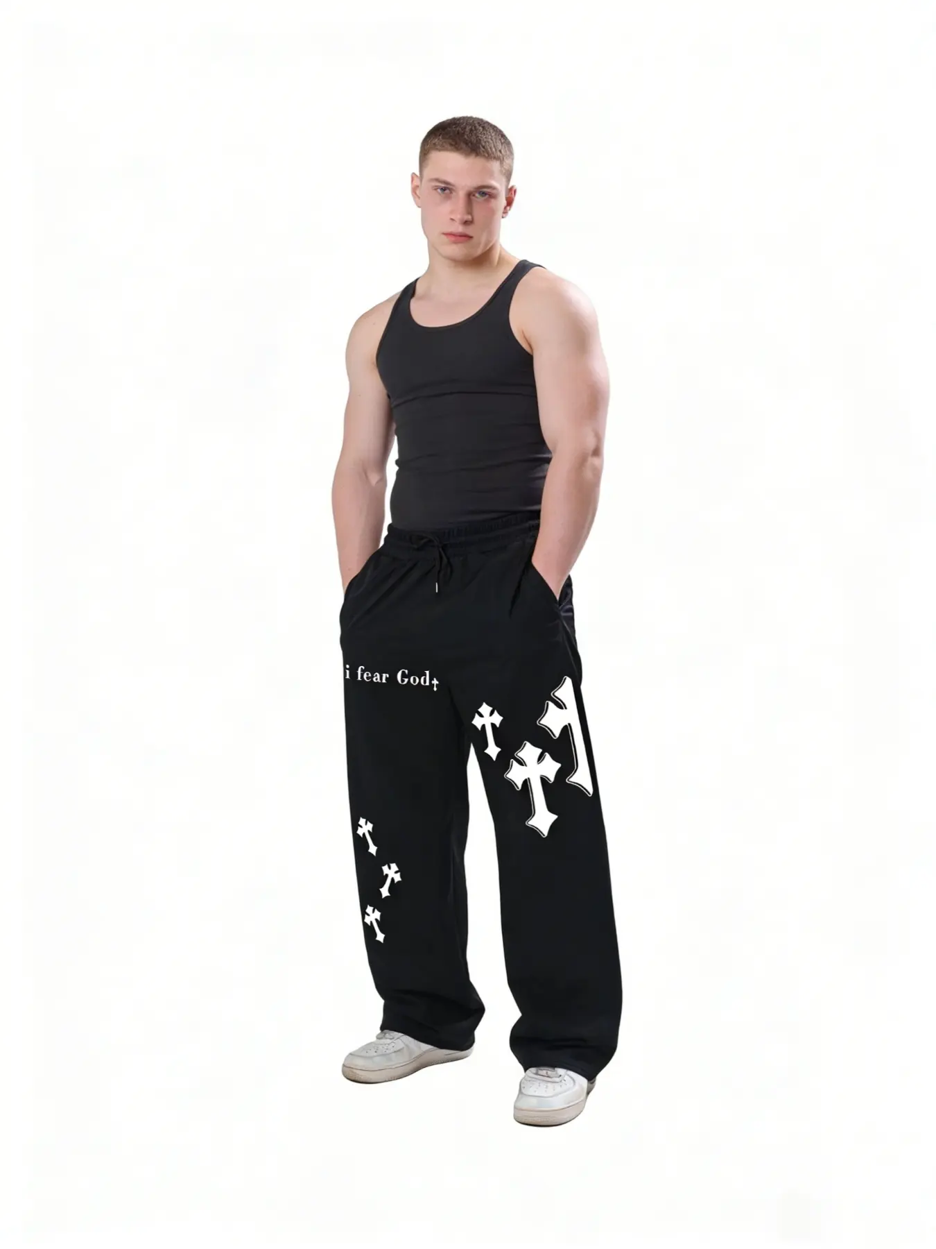 Men's Wide-Leg Casual Comfy Sweatpants, I Fear God & Cross Graphics, Loose Fit, Streetwear Style, Soft Fabric, Casual, Edgy Fashion, Athleisure Pants