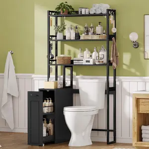 Sikaic Over The Toilet Storage Cabinet with Pulley, Bathroom Organizer W/6 Hooks for Restroom, Laundry, Plant Stand