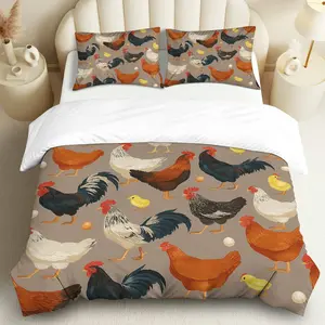 3PCS Duvet Cover Set, 1 Duvet+2 Pillowcases(Without filler), Rooster Chicken Hen Bird Farm theme, Thanksgiving bedding set, Animal Farmyard Pattern Suitable for decoration Bedroom Guest Room Living Room Hotel.