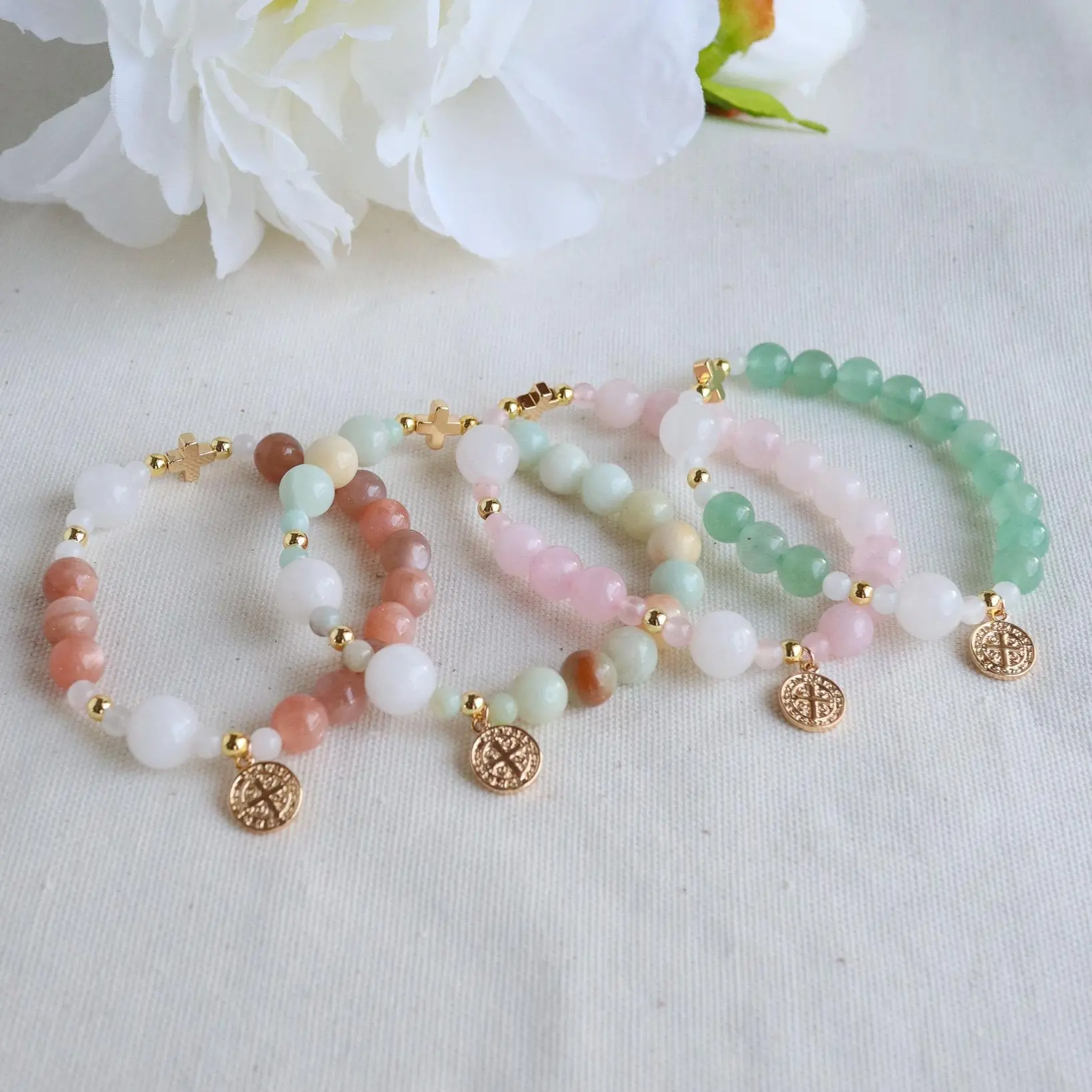 Rosary Bracelet Collection – St. Benedict Medal & 18k Gold Cross | Gift for Women