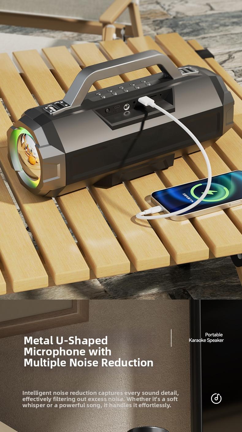 Claison T9 PLUS Outdoor karaoke live streaming speaker, RGB colorful atmosphere lights, dual microphones for high-definition audio, portable power bank, multi-interface compatibility, suitable for live streaming, outdoor use, karaoke.