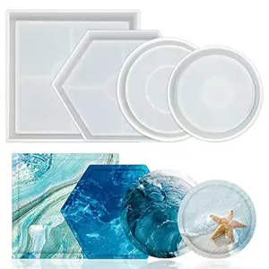 4pcs/1set Round Hexagonal Square Coaster Drip Rubber Mold, DIY Handmade Crystal High Transparent Silicone Bottom Resin Mold