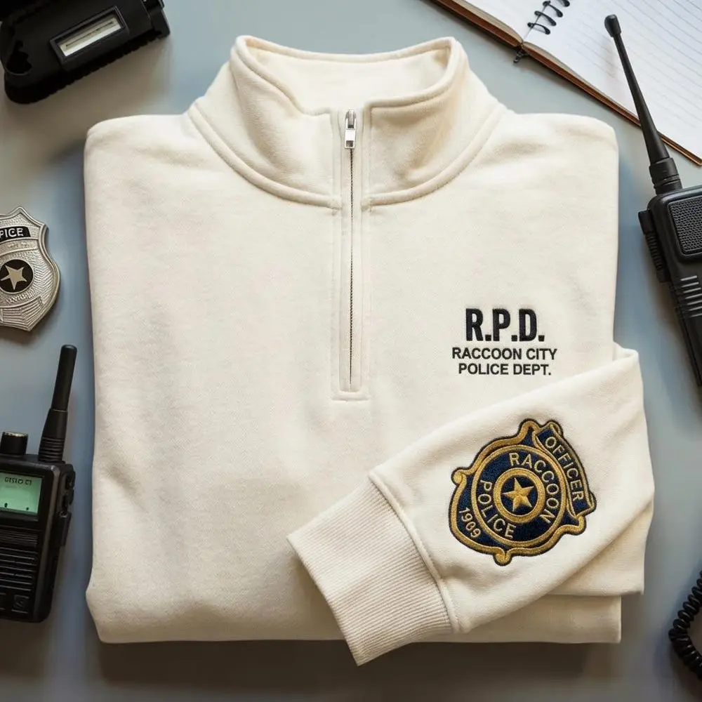 Resident Evil Embroidered Quarter Zip Sweatshirt, RE2 Leon Kennedy shirt, Horror Game Merch, Gamer Gift, Umbrella Corporation Sweatshirt