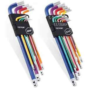 VEVOR Hex Key Allen Wrench Set, 22 pcs SAE (0.050 - 3/8 in) and Metric (1.5 - 10 mm), Color Coding Allen Wrenches Sets with Ball End, Long Arm L - Shaped Hex Key for Bicycle, Household, Automobile RepairVEVOR Super Brand Day