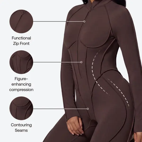 BetterMe Women's Shaping Adjustable High Elasticity Jumpsuit - Long Sleeve, Zip-Front, Open-Back Compression Catsuit, Breathable Choco Fitness Yoga Apparel, Chic Jumpsuits, Workout Overalls