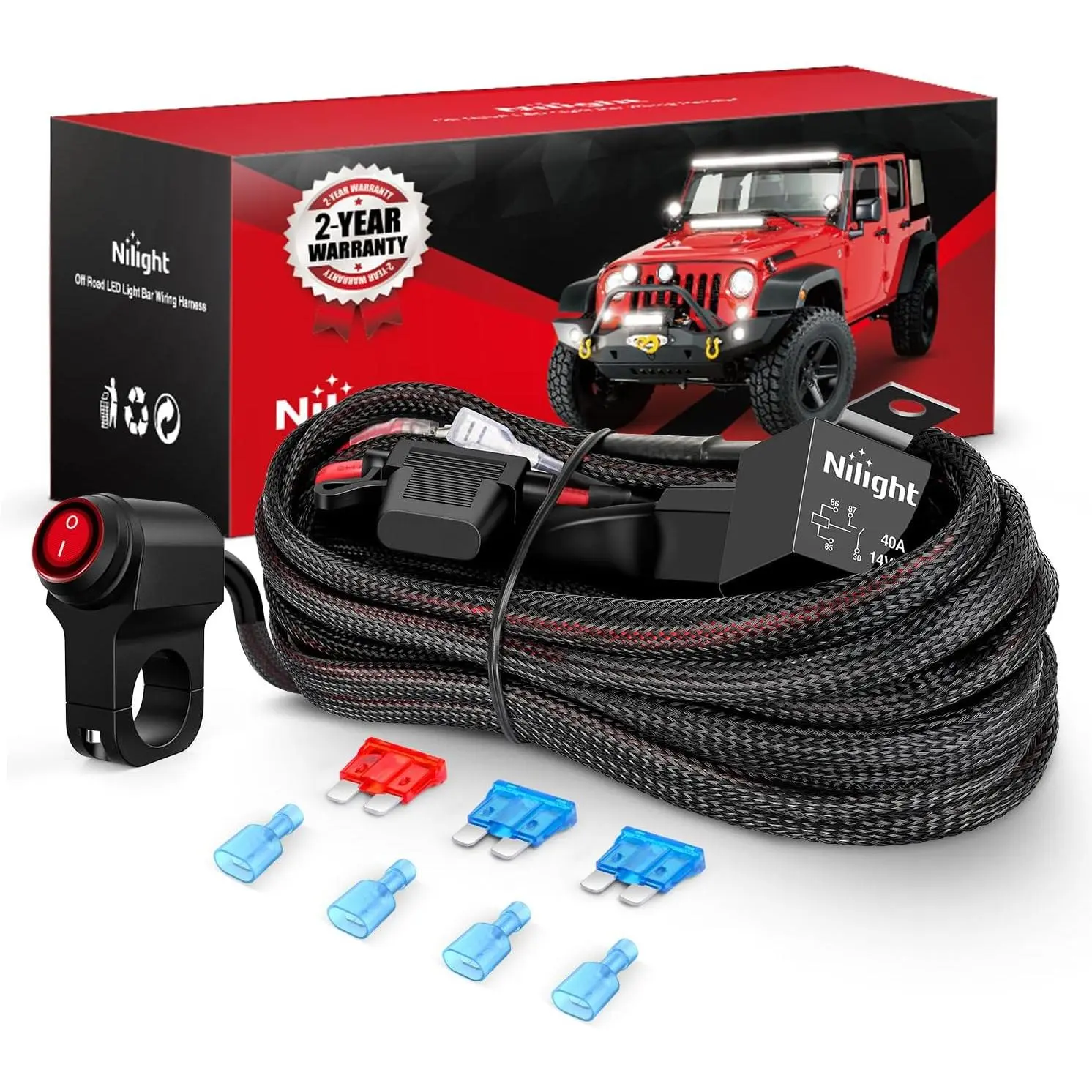 Nilight Nylon 16 AWG Wiring Harness Kit with 2 Leads, Nylon Jacket, 12V Motorcycle Handlebar Switch, Power Relay, Blade Fuse, IP67 Waterproof, Overload Safe, Fit for Offroad Lights, ATVs 4 Wheelers