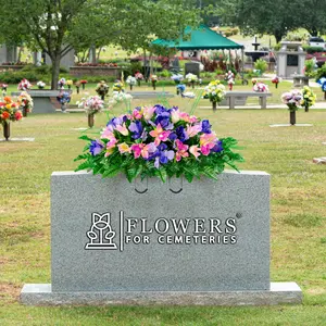 Pink Tulip and Purple Iris Cemetery Saddle - Mothers Day Cemetery Flower Arrangement - Artificial Spring Cemetery Flowers (SD2370)