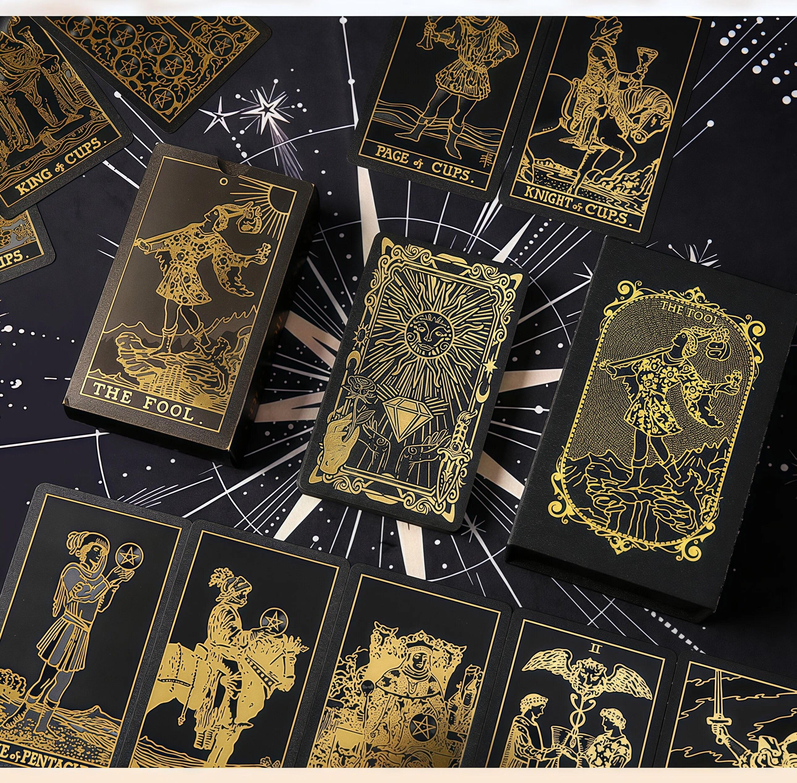 Tarot Cove Black Gold Tarot Cards with Guide Book Waterproof Wrinkle Resistant Foil Tarot Deck for Beginners Includes Chakras Planets Zodiac Signs Elements & Affirmations