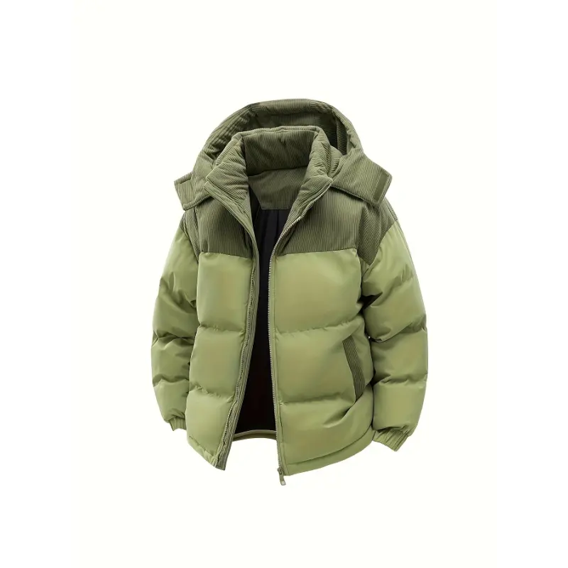 Men's Casual Colorblock Puffer Coat with Detachable Hood, Regular Fit Zippered Long Sleeve Polyester Sportswear, Tops, Menswear, Outdoor Wear, Male Jacket, Hooded, Non-Stretch, Longsleeves, Zipper Placket