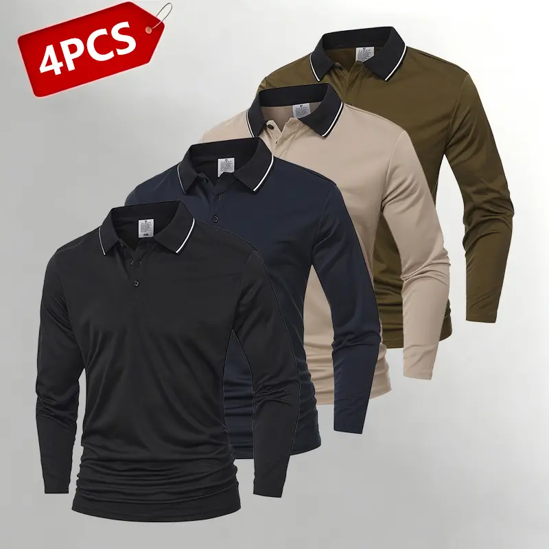 Clean Gent 4-Pack Men’s Polo Shirts with Turn-Down Collar Long Sleeves — Minimalist Retro Casual for Spring/Autumn; suitable for everyday outdoor sports, light business outdoor running tops; ideal for daily wear, business occasions, golf, polo, and travel