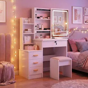 Wide dressing table set with LED mirror and stool, featuring a movable mirror, 4 drawers and multiple shelves, suitable for bedrooms, modern white style