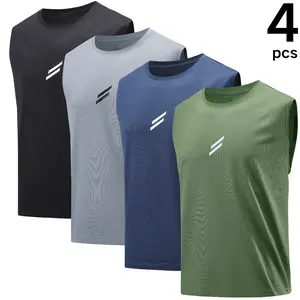 Men's Solid Color Crew Neck Sleeveless Tank Top with Front Print, Suitable for Summer Sports Wear