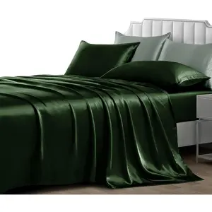 4-Piece Satin Sheet Set - Queen, Silky Satin Sheets with 1 Fitted, 1 Flat, 2 Pillowcases, Cooling, Extra Soft, Dark Green