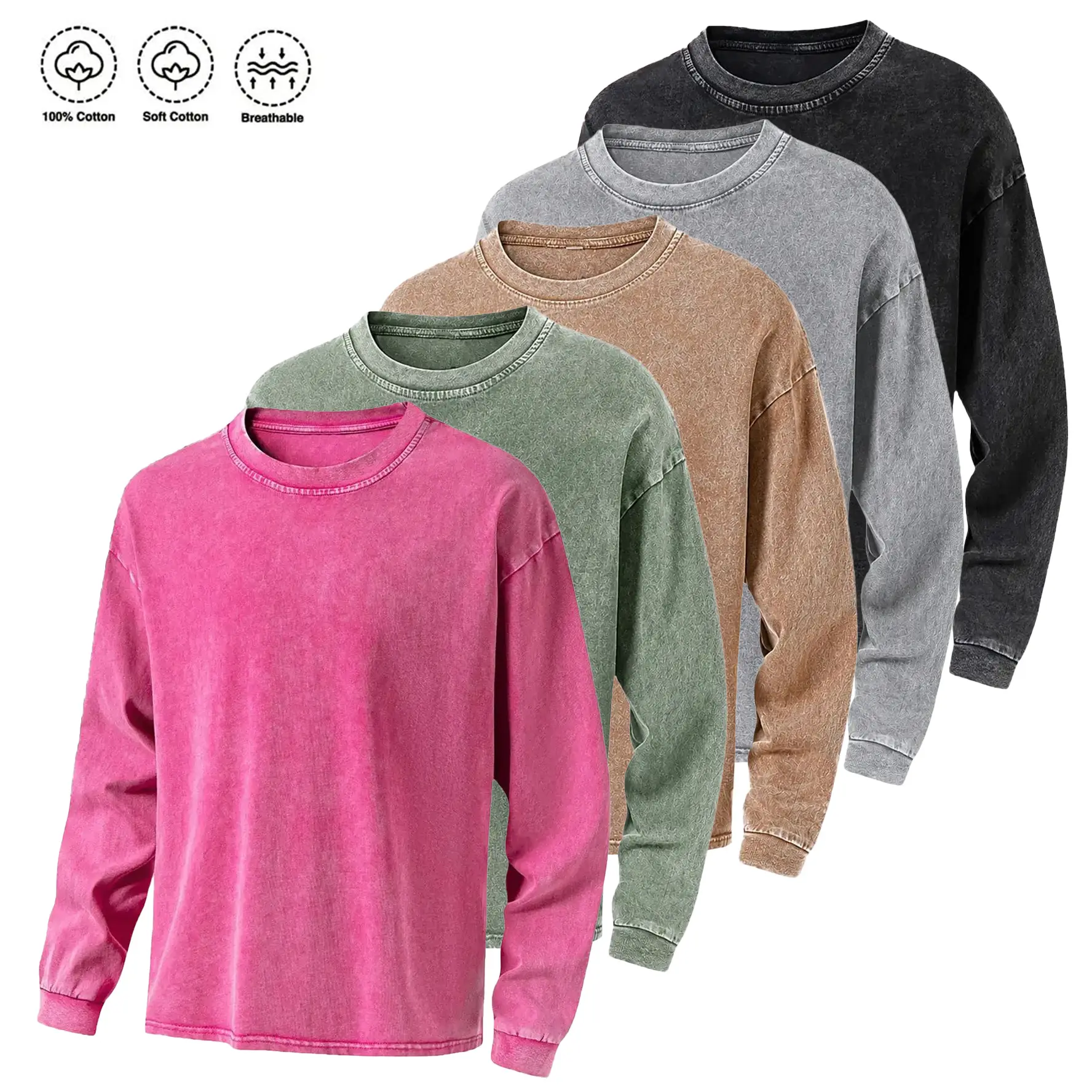 Acid-Wash Long Sleeve T-shirt, Unisex 100% Cotton Casual Crew Neck Top, Soft and Breathable for Everyday Wear