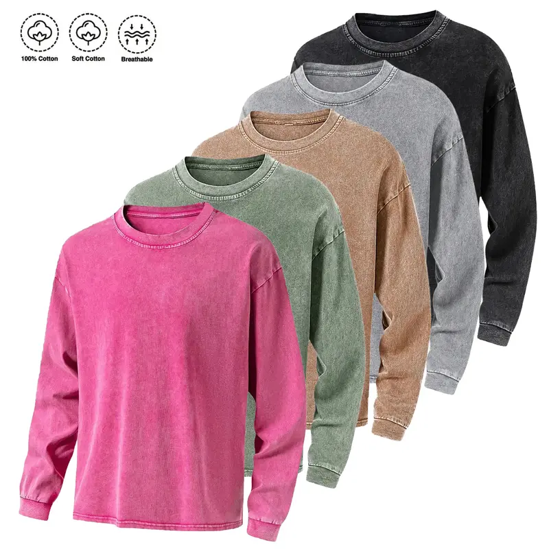 Men's 100% Cotton Acid-Wash Tie Dye Long Sleeve Round Neck Stylish Tee, Streetwear Casual Fit Vintage Cotton Apparel, All-Season Soft Breathable Machine-Washable T-Shirt