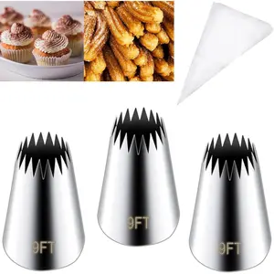 3 count Stainless Steel 9FT Large Churro Piping Tip Set, Churro Maker Icing Tips, Pastry Tips for Cake Decorating with 20 count Disposable Piping Bags