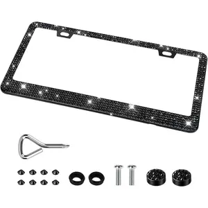 License Plate Frames for Women, Sparkly Rhinestone Diamond Car Accessories with Glitter Crystal Caps (1 Pack Black)