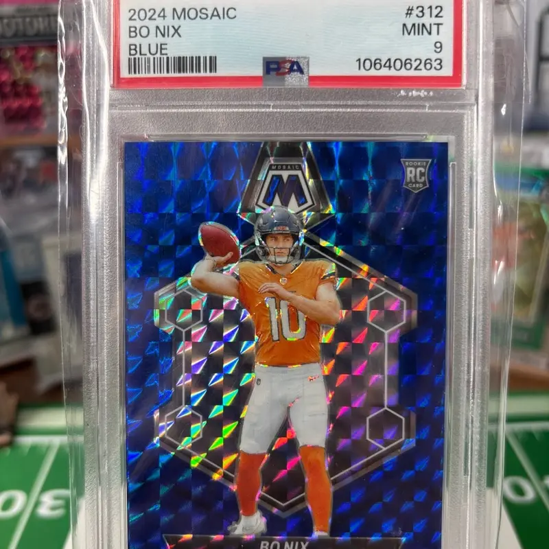 2024 Mosaic Blue Bo Nix Trading Card, PSA 9 Graded, /99 Limited Edition