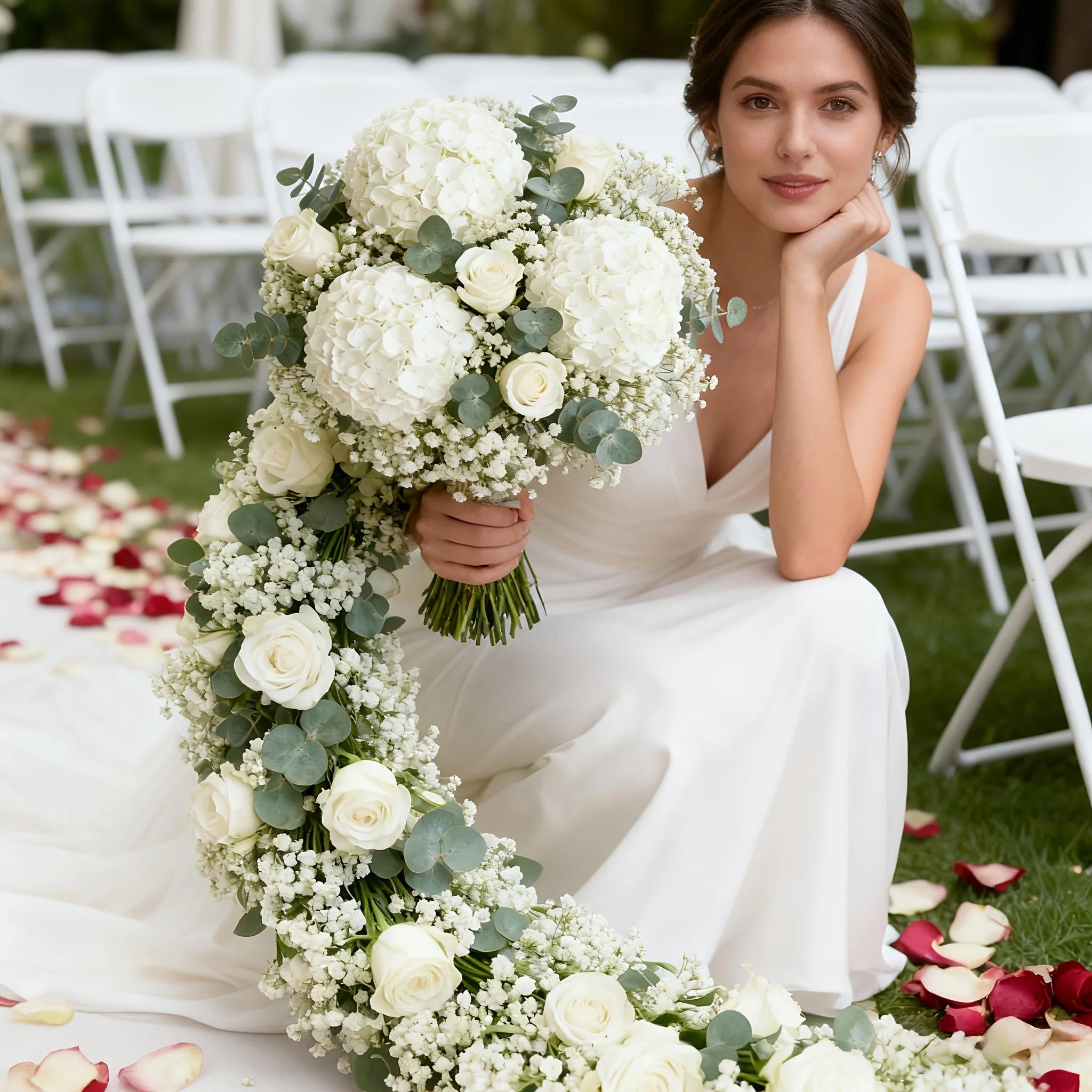 Elegant White Artificial Flower Bouquet Hydrangea Rose Baby's Breath Eucalyptus Artificial Flower Arrangement