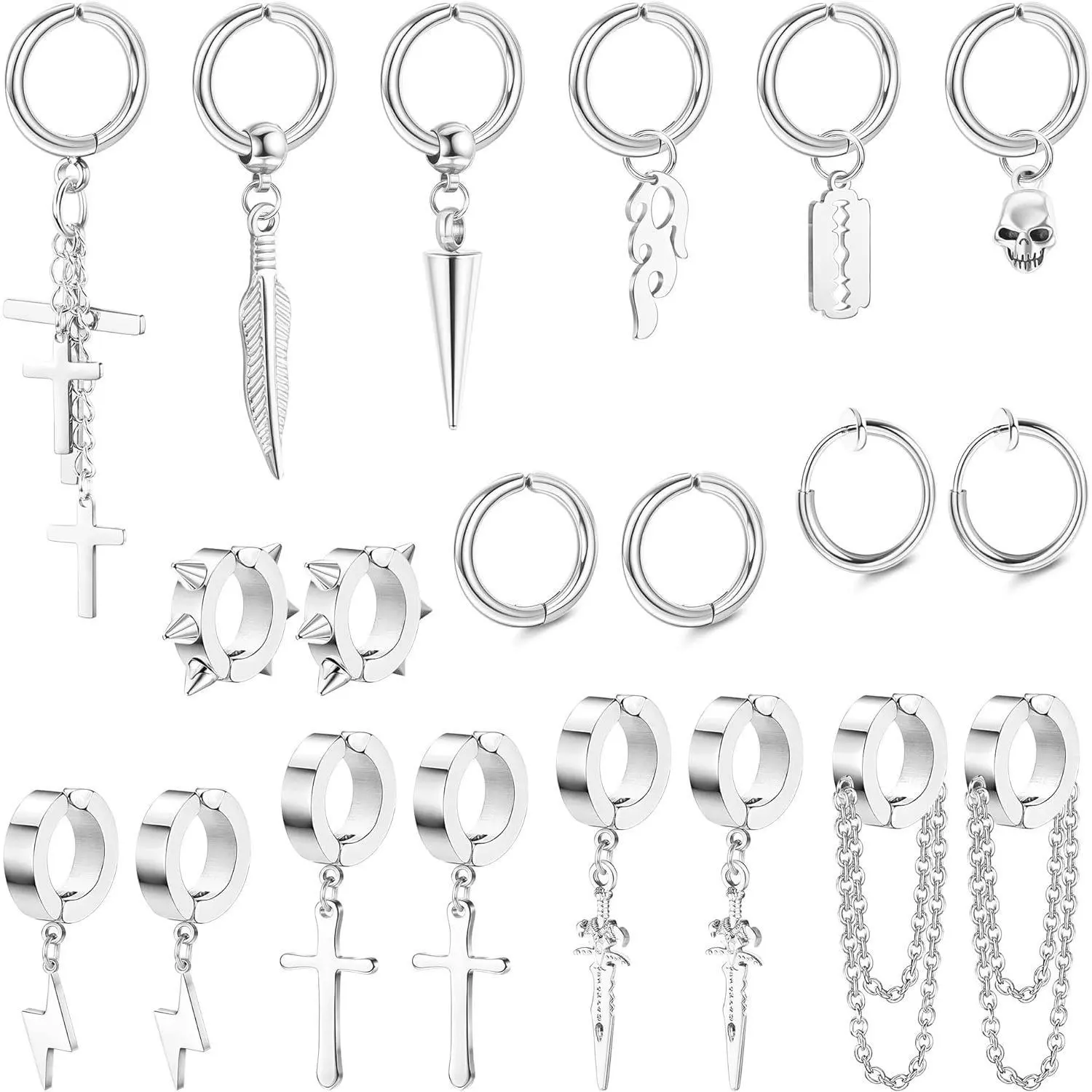 MILACOLATO 26Pcs Stainless Steel Clip Earrings Jewelry Set - Gothic Statement, Lightning, Feather, Spike, Skull Designs in Black Silver Tone - Casual, Fashionable Jewelry Accessories for Men, Casual Earrings Set