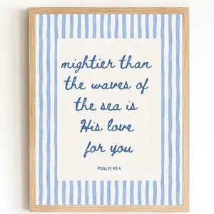 Psalm 93:4 Scripture Wall Art – "Mightier Than the Waves" Bible Verse Print, Christian Home Decor, Coastal Nursery Art | Frameless Poster J