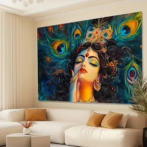 1pc 2D Flat Glam Style Polyester Peacock Feather Goddess Lakshmi Wall Tapestry No Electricity Required Featherless Ideal Living Room Bedroom Office Party Decor Unique Gift Party Backdrop|Exotic Wall Ta White