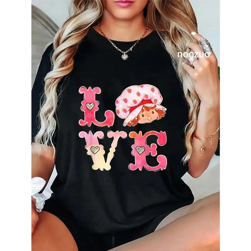 Women's Short-Sleeve Strawberry Shortcake Valentine's Day Vintage Logo T-Shirt, Breathable Comfy Everyday Fabric Casual Top, Shortsleeve, Tee, Style, Tshirt, Round Neck, Soft, Valentines Day