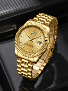 Full Gold Log Type Watch, Dual Calendar Display, Dog Tooth Circle Design, Business Commute Essential, Analog Face, Alloy Case, Water Resistant Watch