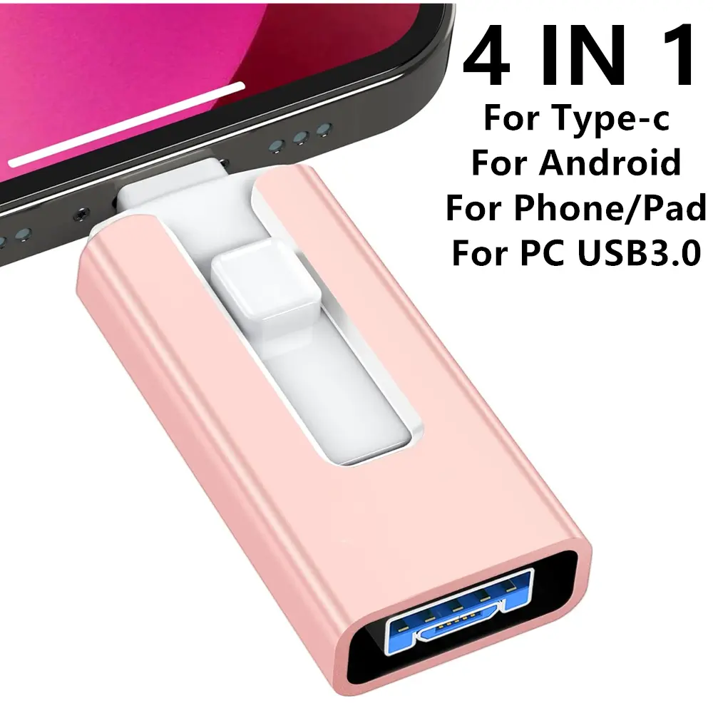 4-In-1 High-Capacity USB 3.0 Flash Drive - Multi-Interface Pendrive with Micro USB-Type-C, 1TB/2TB/256GB/512GB Compact Design, Simple Drag-and-Drop Backup, Fast Transfer for iPhones 7/8/11/12/13, iPads, iPad Mini, Android Devices, Tablets (4-In-1 Model)