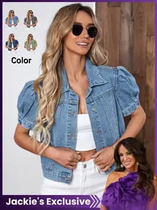 【Jackie's Exclusive】Women's Vintage Bubble Sleeve Denim Jacket, Summer Thin High Waist Crop Top, Casual Fashionable Short Jean Coat for Women