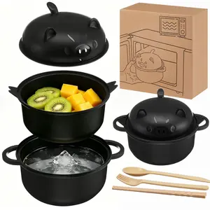 Charming Wheat Straw Home Ramen Bowl Kit, Big Cute Pig Microwavable Noodle Bowl with Strainer Lid Handle Utensils Dorm Campus College Present